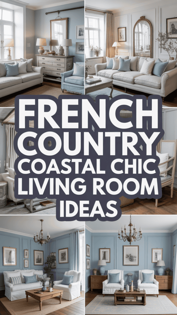 Collage of elegant living rooms with French country and coastal chic decor, featuring sofas, large windows, and light blue walls.