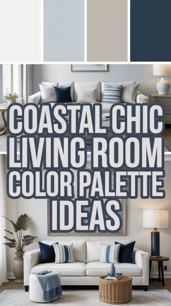 Coastal-themed living room with a color palette including light blue, beige, and navy, featuring a sofa and decorative accents.