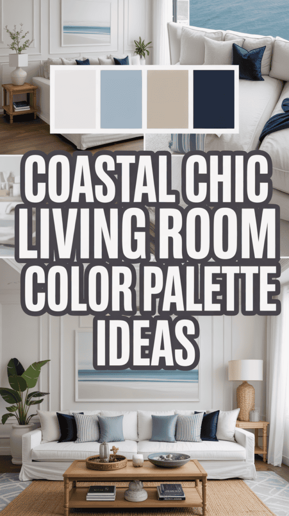 Coastal chic living room with a soft color palette of beige, light blue, and navy, featuring a sofa and ocean-inspired decor.