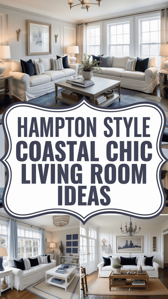 Collage of a chic living room with white sofas, navy accents, and coastal decor, featuring stylish lighting and blue rugs.