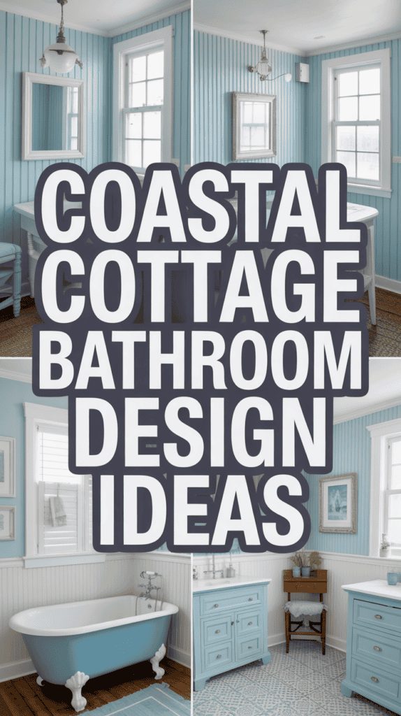 Collage of a coastal cottage bathroom featuring light blue walls, a clawfoot bathtub, and a wooden vanity.