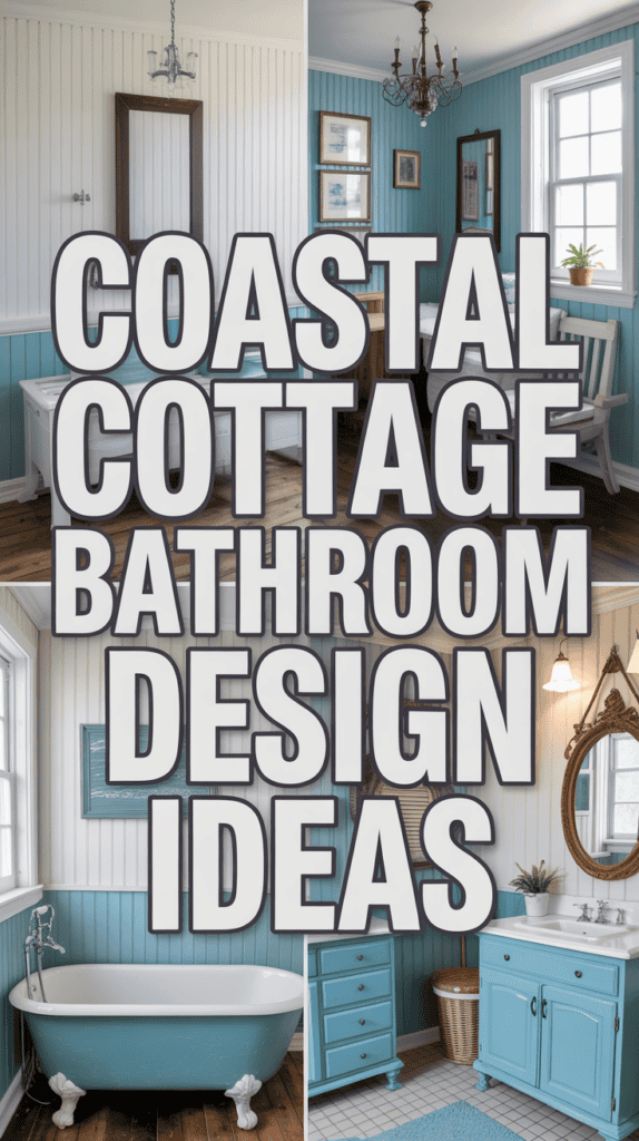 Collage of coastal cottage bathrooms with blue and white decor and vintage-style fixtures.