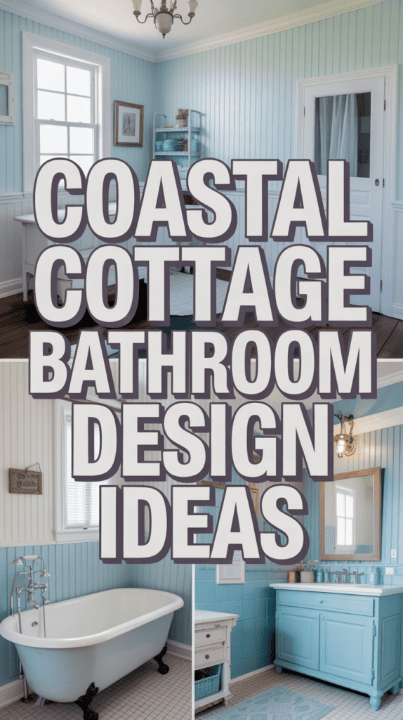 Collage of a spacious bathroom with blue walls, vintage bathtub, and a vanity, showcasing coastal cottage design ideas.