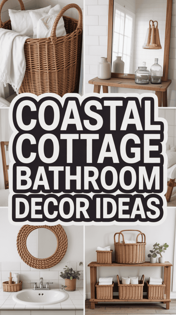 Collage of coastal-themed bathroom decor with wicker baskets, pottery, and a circular mirror.