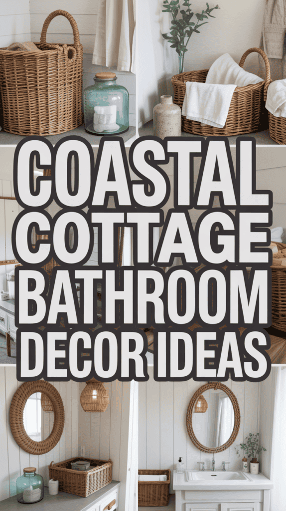 Wicker baskets and glass jars on white bathroom shelves, text reads "Coastal Cottage Bathroom Decor Ideas."