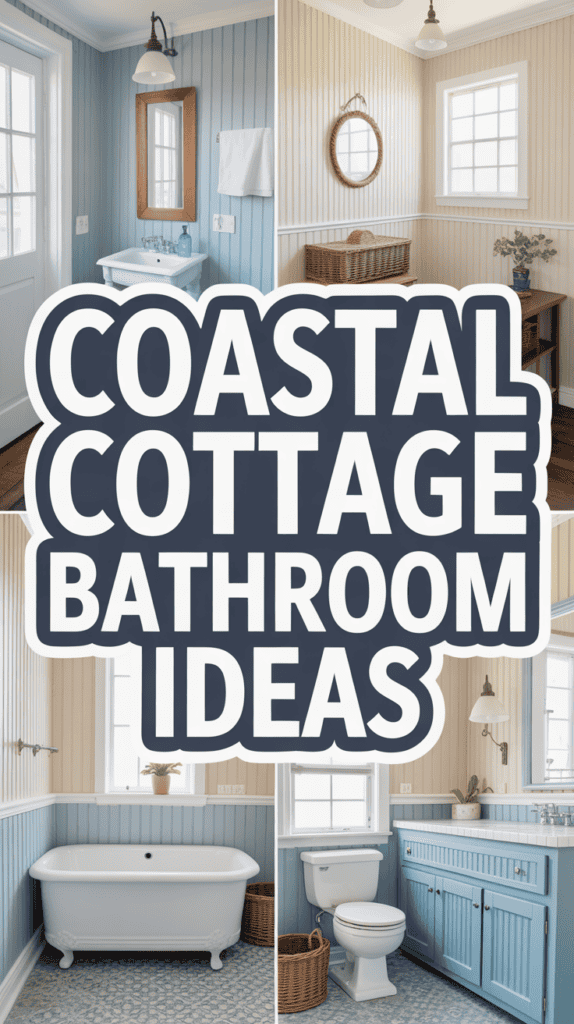 Split image of bathrooms with coastal themes and text reading "Coastal Cottage Bathroom Ideas."