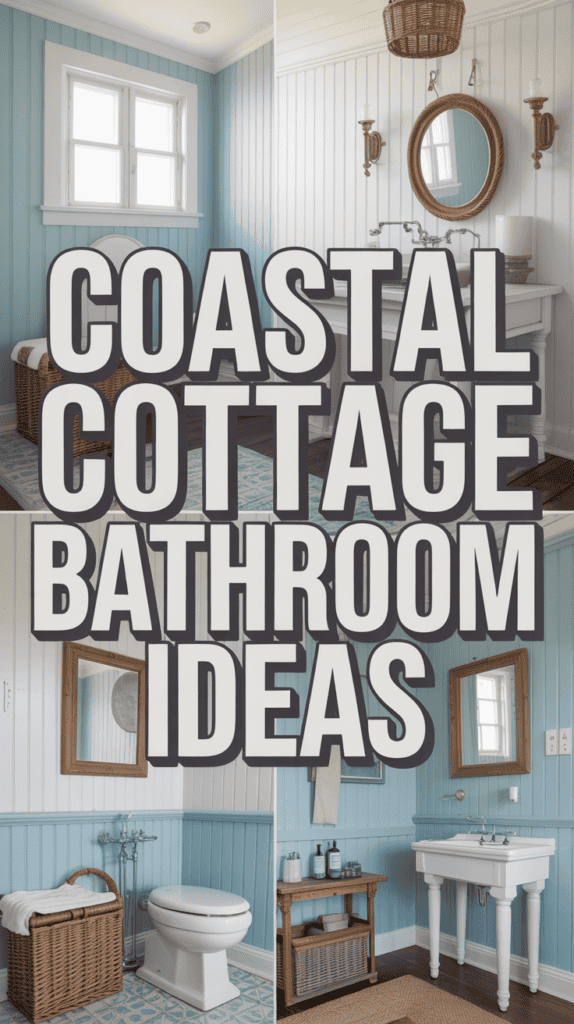 A bathroom collage with blue paneling, wicker baskets, and a mirror, featuring the text "Coastal Cottage Bathroom Ideas."