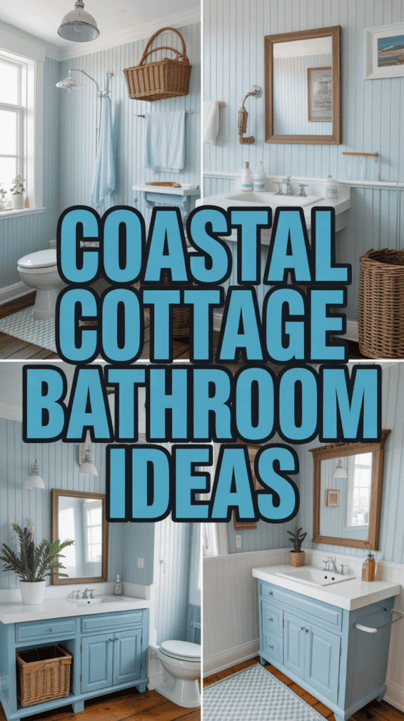 Split image showing a coastal cottage bathroom with blue and white decor, wicker basket, and a wooden vanity.