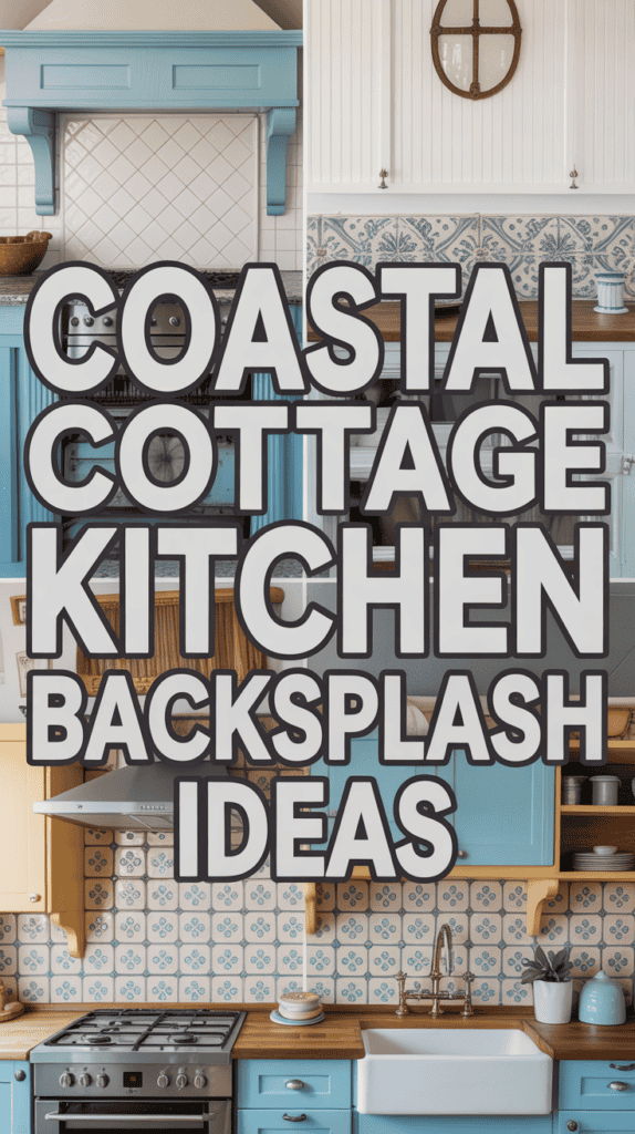 The image features a collage of coastal cottage kitchens with various backsplash designs and the text "Coastal Cottage Kitchen Backsplash Ideas."