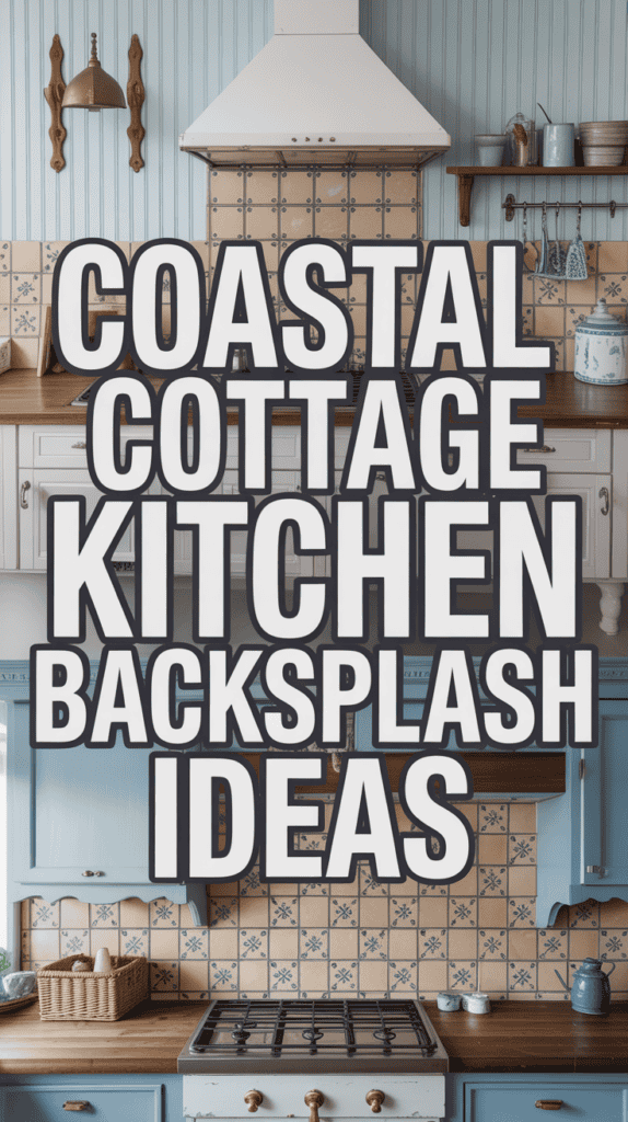 Text "Coastal Cottage Kitchen Backsplash Ideas" over a kitchen with a blue and beige tile backsplash and wooden accents.