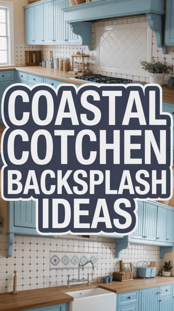 A kitchen with blue cabinets, wooden countertops, and a white tile backsplash. Text reads "Coastal Kitchen Backsplash Ideas."