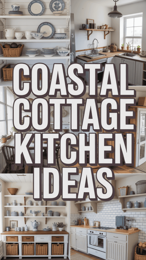 Collage of coastal kitchen decor with shelves, baskets, and cabinetry; large text reads "Coastal Cottage Kitchen Ideas."