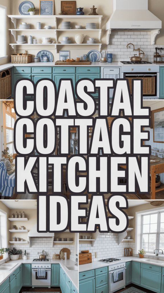 Collage of coastal-themed kitchens with pastel colors, white tiles, and text reading "Coastal Cottage Kitchen Ideas."