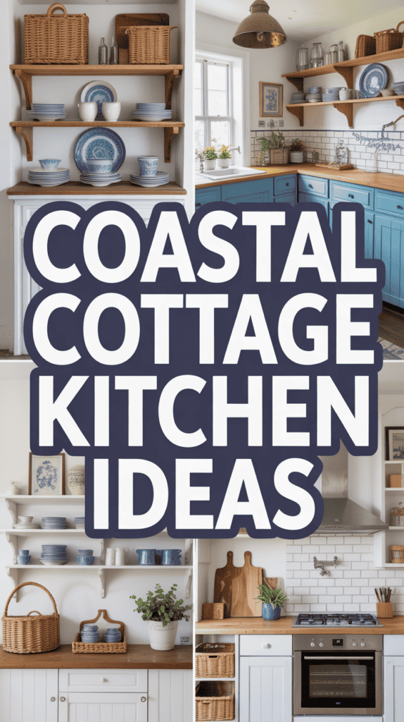 Collage of coastal cottage kitchen designs with blue cabinets, wooden shelves, and decorative plates.