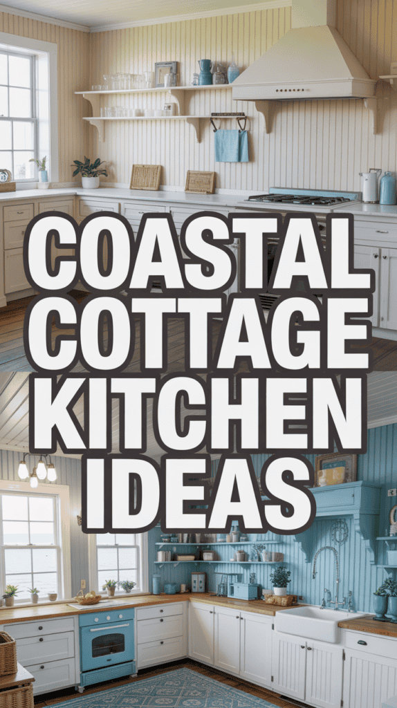 A kitchen with white cabinets, blue accents, and seaside decor; large text reads "Coastal Cottage Kitchen Ideas."