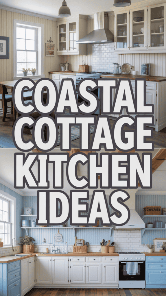 Split image featuring two coastal cottage kitchen designs with rustic decor, wooden cabinets, and large text overlay reading "Coastal Cottage Kitchen Ideas."