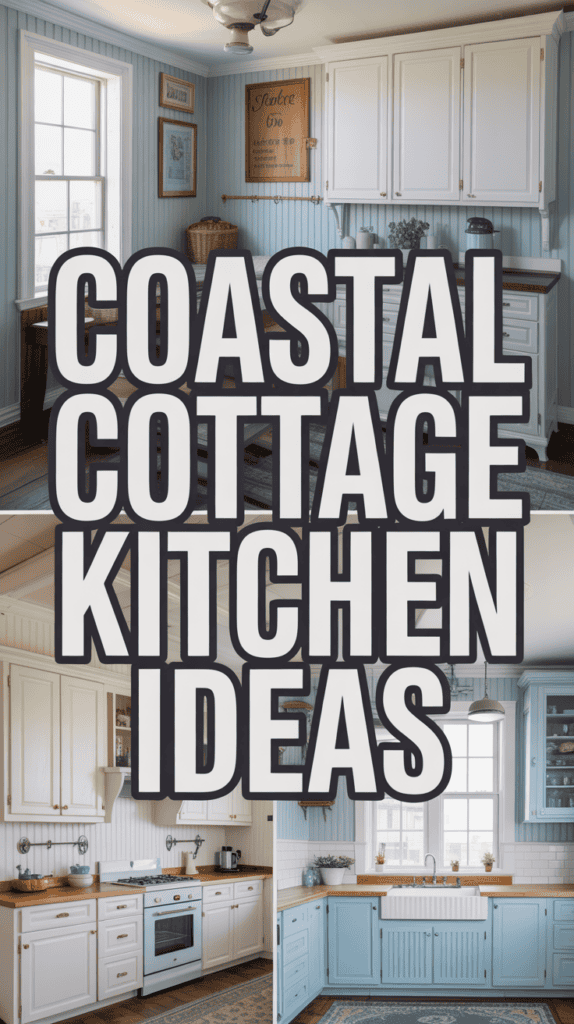 Collage of three kitchens with coastal cottage decor, featuring white and blue cabinets and nautical-themed decorations.