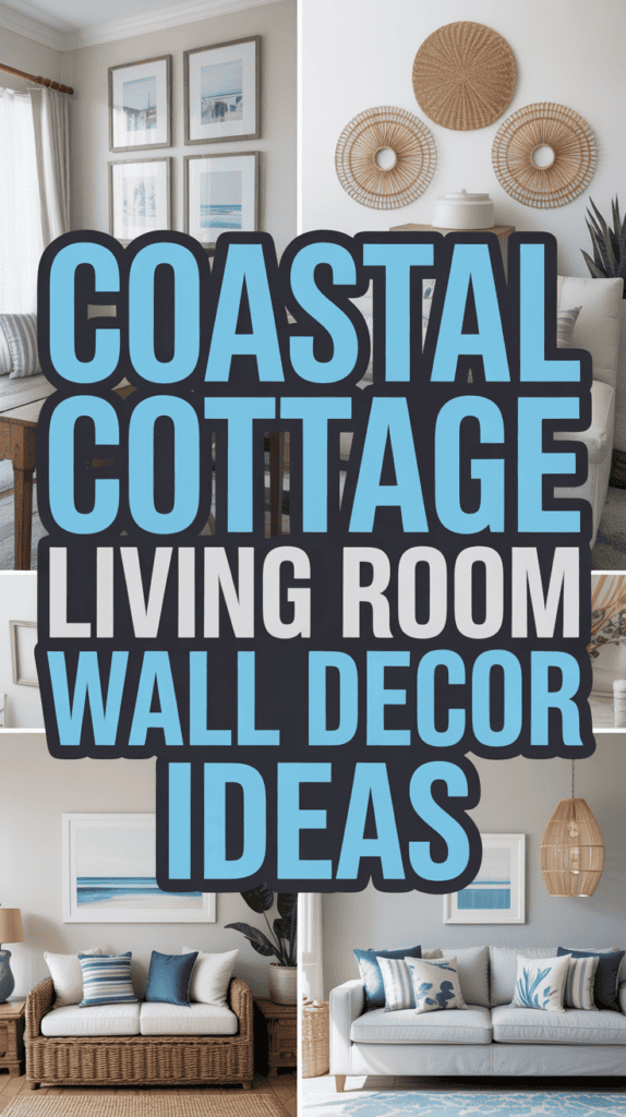 Collage of coastal cottage living room decor featuring wall art, wicker elements, and blue and neutral tones.