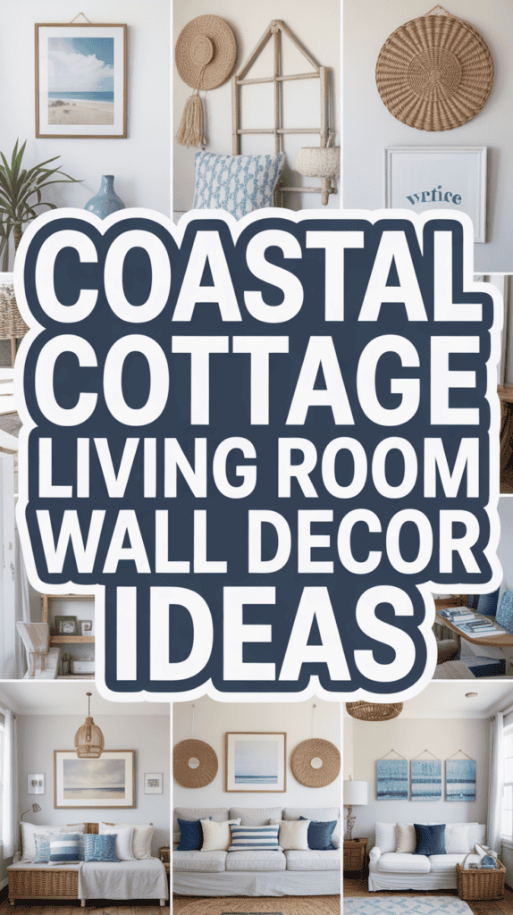 Collage of coastal-themed living rooms with beach-inspired wall decor and text "Coastal Cottage Living Room Wall Decor Ideas."