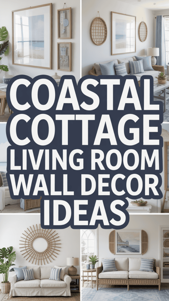 A collage showing coastal cottage living room decor with large text: "Coastal Cottage Living Room Wall Decor Ideas."