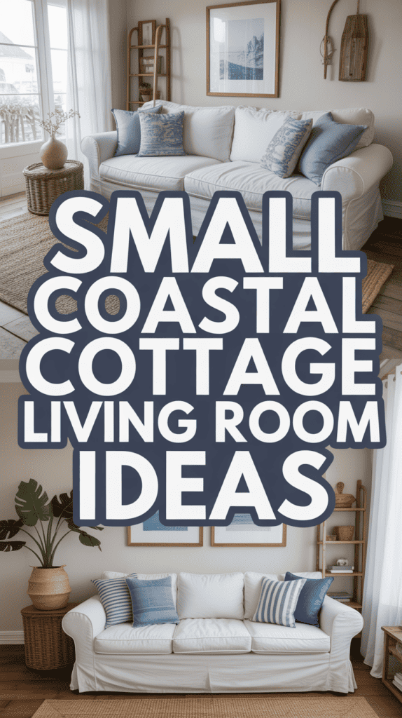 Living room with coastal decor, featuring a white sofa and blue cushions, with "Small Coastal Cottage Living Room Ideas" text overlay.