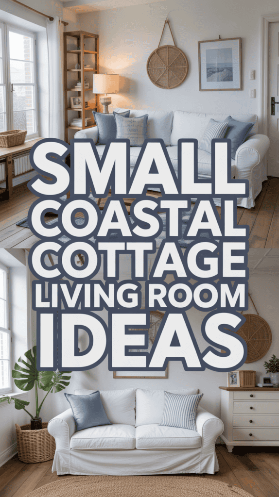 Living room with white sofa, blue cushions, coastal decor, and large text overlay: "Small Coastal Cottage Living Room Ideas."