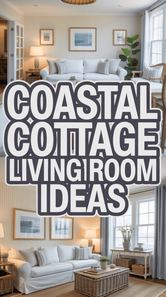 Cozy living room with white sofas, nautical decor, and large text: "Coastal Cottage Living Room Ideas."