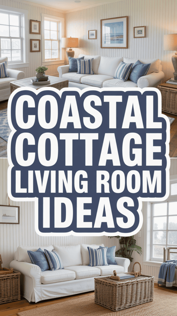 A cozy living room with white sofas, blue-striped pillows, coastal decor, and large windows with sea views.