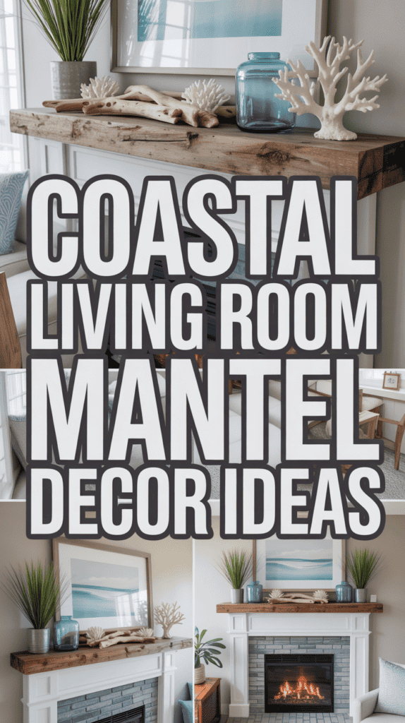 Collage of a coastal-themed mantel with driftwood, coral decor, and the text "Coastal Living Room Mantel Decor Ideas."