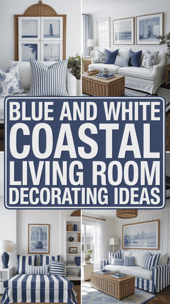Collage of a coastal-themed living room featuring blue and white decor with striped patterns and nautical accents.
