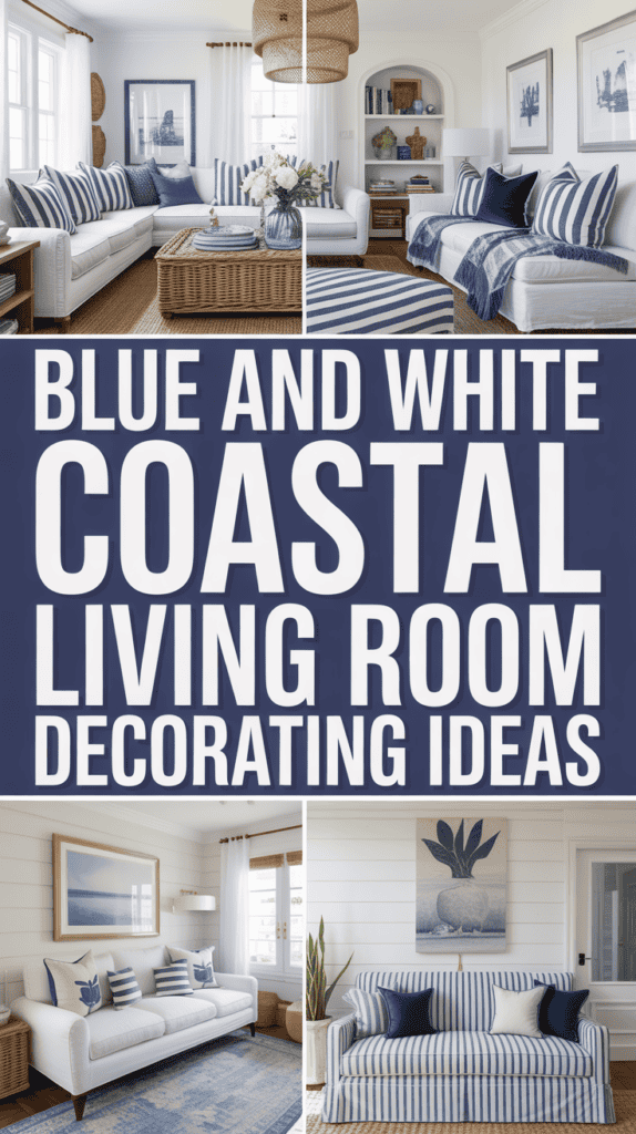 A collage of coastal living room designs featuring blue and white decor, striped patterns, and wicker furniture.