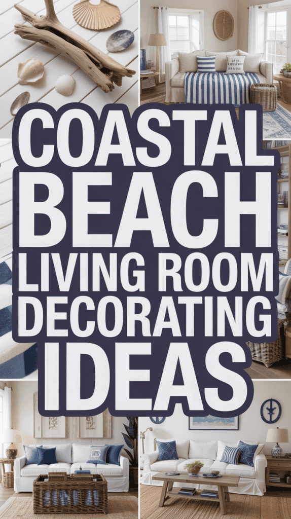 Collage of coastal beach living room decor with seashells, striped patterns, and wicker furniture.