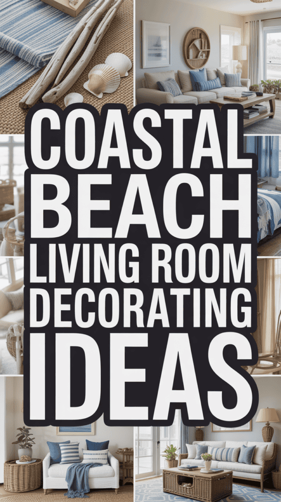 Text: "Coastal Beach Living Room Decorating Ideas" overlaid on images of beach-themed living rooms with blue tones, shells, and wicker elements.
