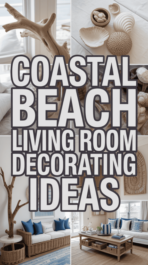 Collage of coastal beach-themed living room decor with text reading "Coastal Beach Living Room Decorating Ideas" in bold font.