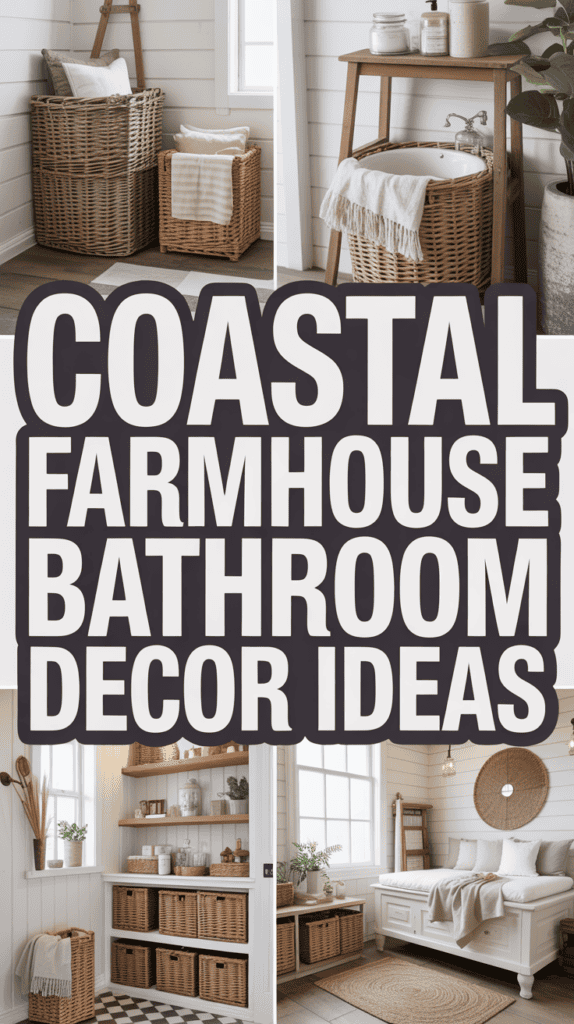 Collage of three coastal farmhouse bathroom scenes with woven baskets and wooden accents, featuring text: "Coastal Farmhouse Bathroom Decor Ideas."