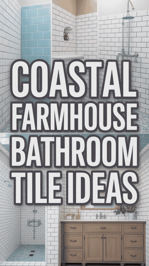 Collage of coastal farmhouse bathrooms, showcasing various tile designs with white and blue hues, and wooden cabinetry.