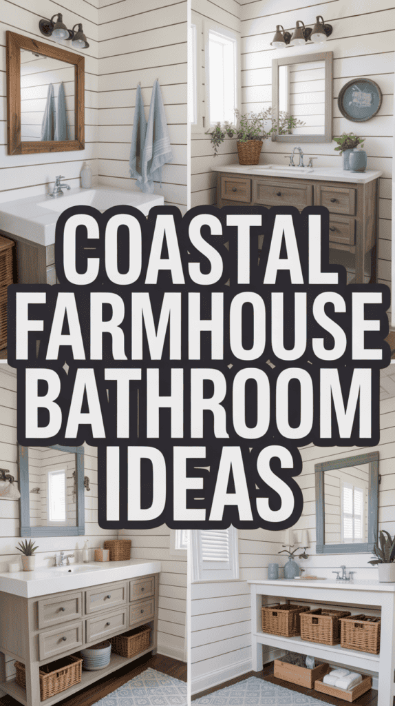 Bathroom decorated in a coastal farmhouse style, featuring wood elements, white shiplap walls, and woven storage baskets.