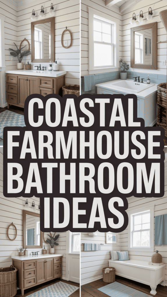 Collage of coastal farmhouse bathrooms with shiplap walls, wooden vanities, large mirrors, and a freestanding bathtub.