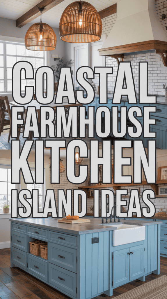 A kitchen with blue cabinets, white farmhouse sink, and wooden accents beneath wicker pendant lights. Text reads "Coastal Farmhouse Kitchen Island Ideas."