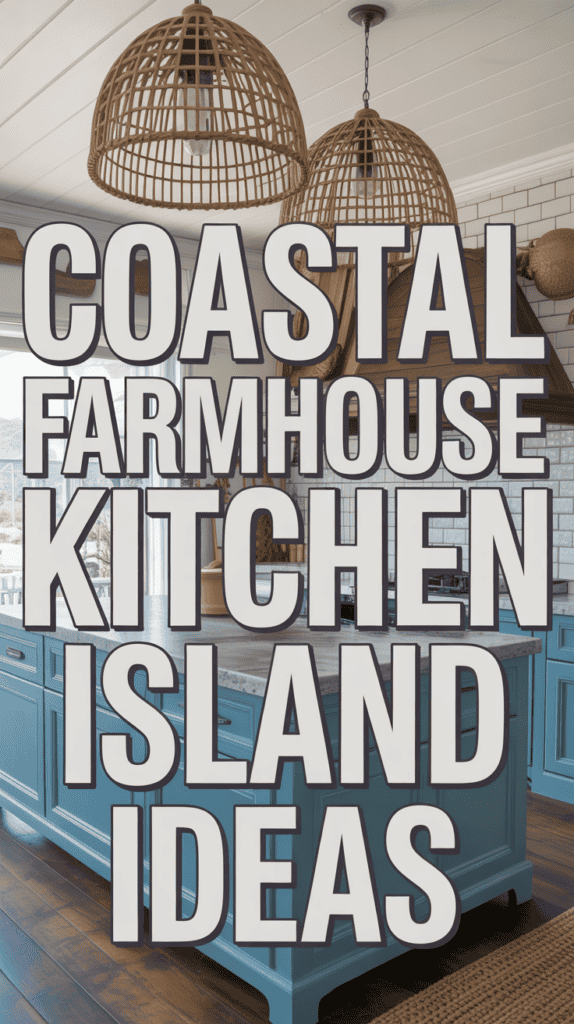 Text overlay on a kitchen scene reads "Coastal Farmhouse Kitchen Island Ideas" with a blue island and wicker lights.