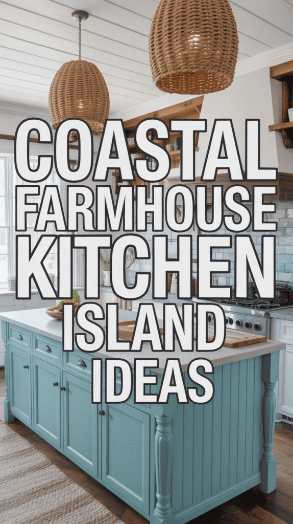 A kitchen with a blue island, wicker pendant lights, wood accents, and text: "Coastal Farmhouse Kitchen Island Ideas."