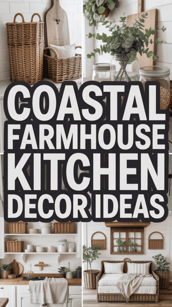 Collage of coastal farmhouse kitchen decor including baskets, greenery, and a rustic bench with bold text in the center.