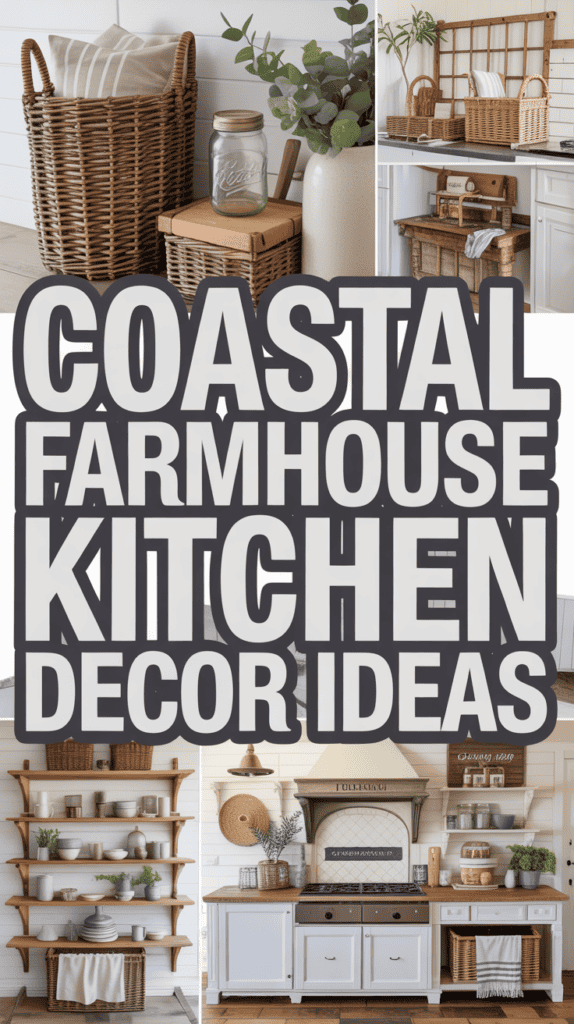 "Coastal Farmhouse Kitchen Decor Ideas" text with images of rustic kitchen elements like baskets, open shelving, and greenery.