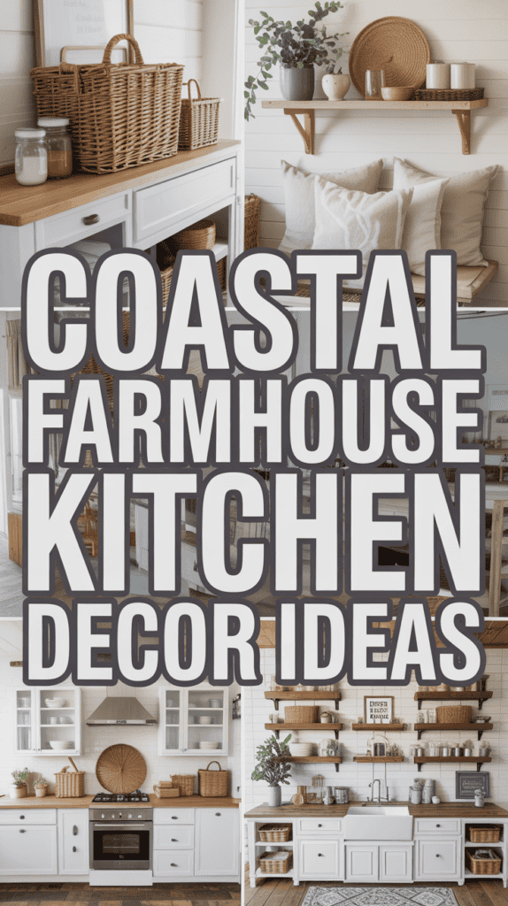 Collage of coastal farmhouse kitchen decor ideas with baskets, wooden shelves, and rustic kitchen accents.