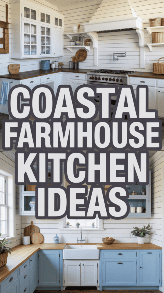 A coastal farmhouse kitchen with white cabinetry, blue accents, open shelving, and wooden countertops. "Coastal Farmhouse Kitchen Ideas" text overlaid.