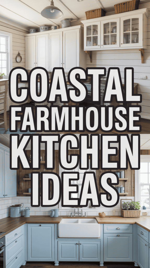 A collage of coastal farmhouse kitchens with large text reading "Coastal Farmhouse Kitchen Ideas" over the images.