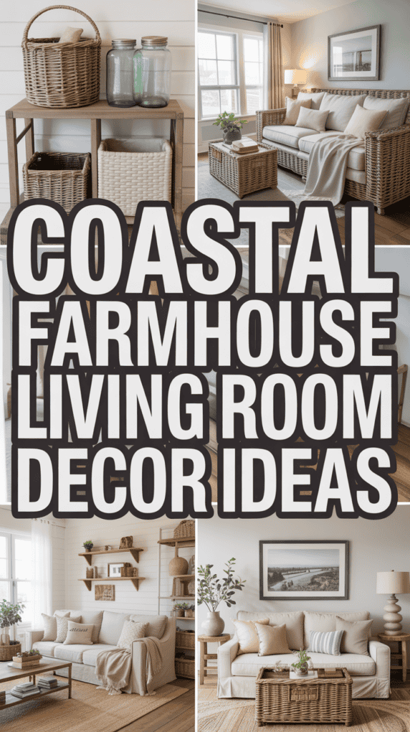 Text reading "Coastal Farmhouse Living Room Decor Ideas" over images of cozy living rooms with woven and wooden furniture.