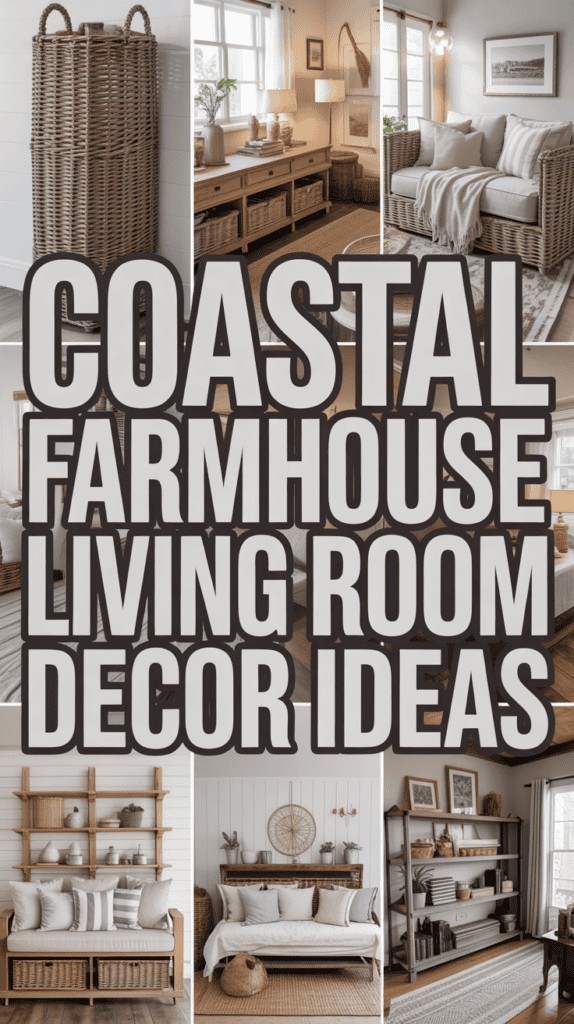 Collage of coastal farmhouse living room decor featuring neutral tones, wicker furniture, and rustic shelving.