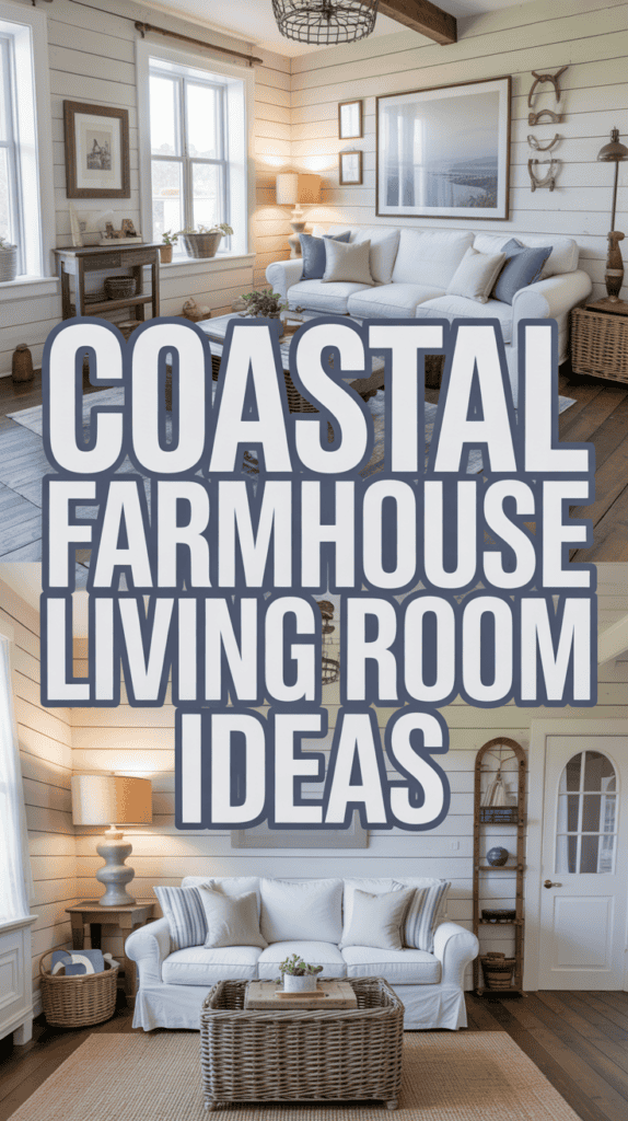 A coastal farmhouse living room with white furniture, wood accents, and windows, featuring decorative elements like a rattan coffee table.