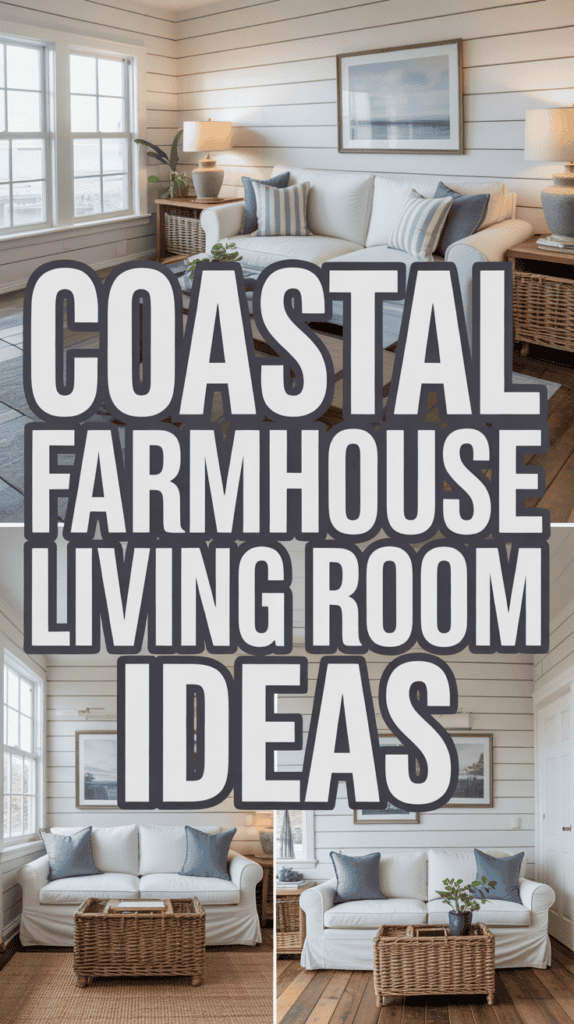 A living room with white shiplap walls, a white sofa, blue and white pillows, and wicker accents. Text overlays: "Coastal Farmhouse Living Room Ideas."